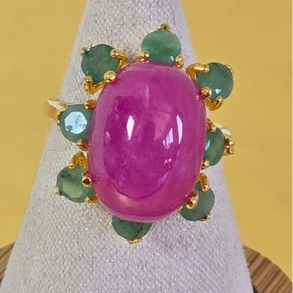 925 Sterling Silver Ring Sz 6.5 with Natural Oval Ruby 16x11mm & Emerald Gems - Picture 13 of 13